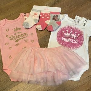 NWT bundle of two onesies, tutu, and socks infant 0-3 months